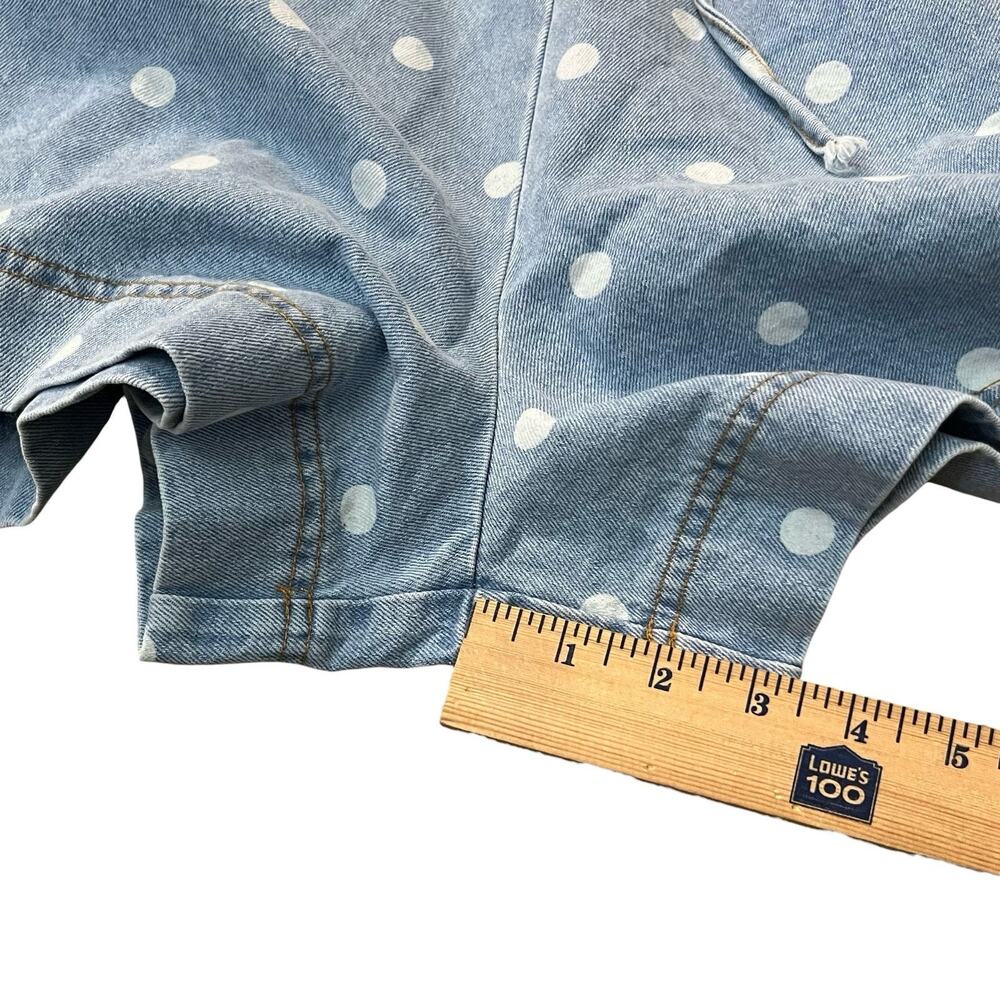Peach Love California Polka Dot Denim Romper Large Oversized Puff Sleeve Pleated - Picture 9 of 10
